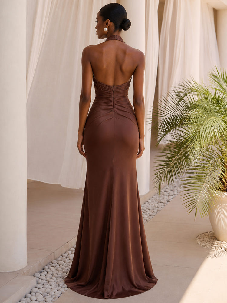 Satin Mermaid Halter Formal Dresses with Deep V Neck