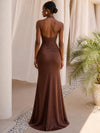 Satin Mermaid Halter Formal Dresses with Deep V Neck