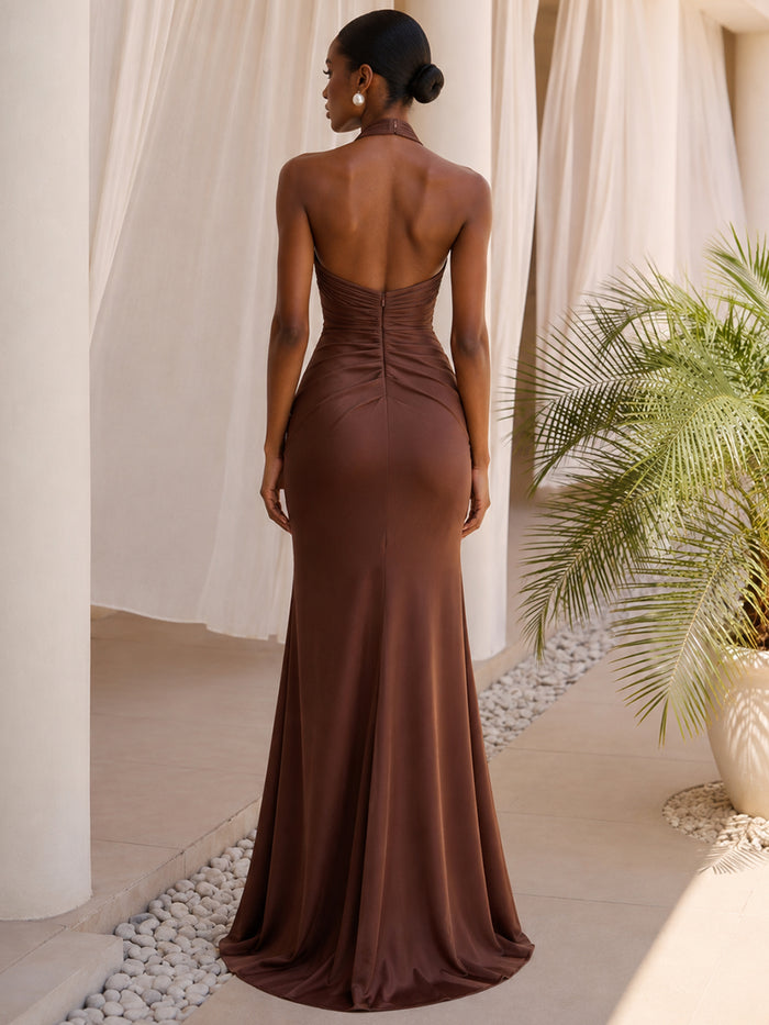 Satin Mermaid Halter Formal Dresses with Deep V Neck