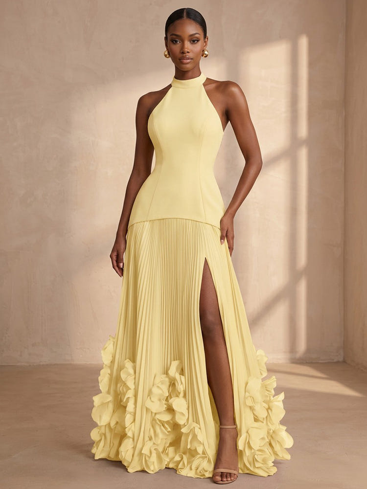 Chiffon A-Line Halter Formal Dresses with 3D Flowers