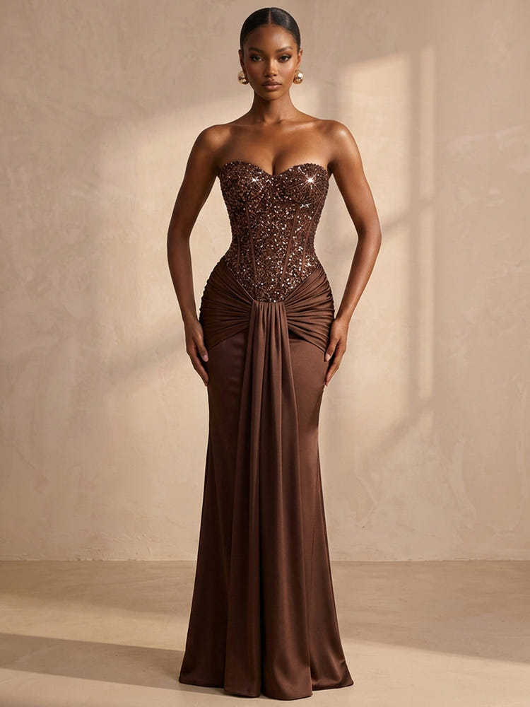 Satin Mermaid Sweetheart Formal Dresses with Sequin Corset Bodice