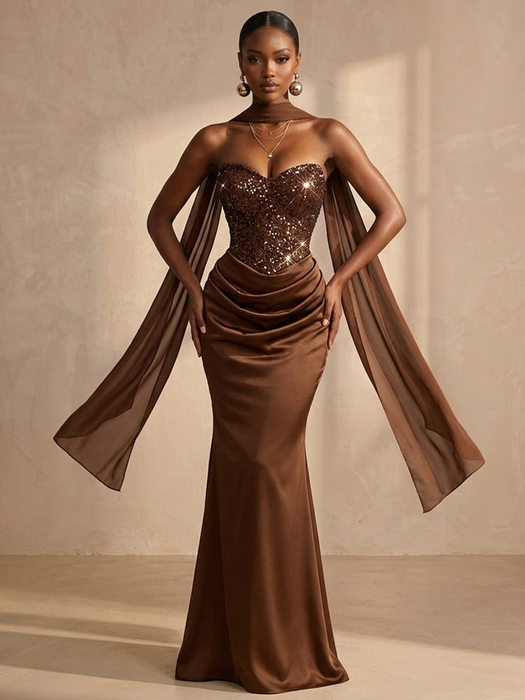 Satin Mermaid Sweetheart Formal Dresses with Sequin Corset Bodice