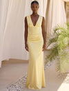 Satin Mermaid V Neck Formal Dresses with Layered Draped Ruching On Waist‑Hip