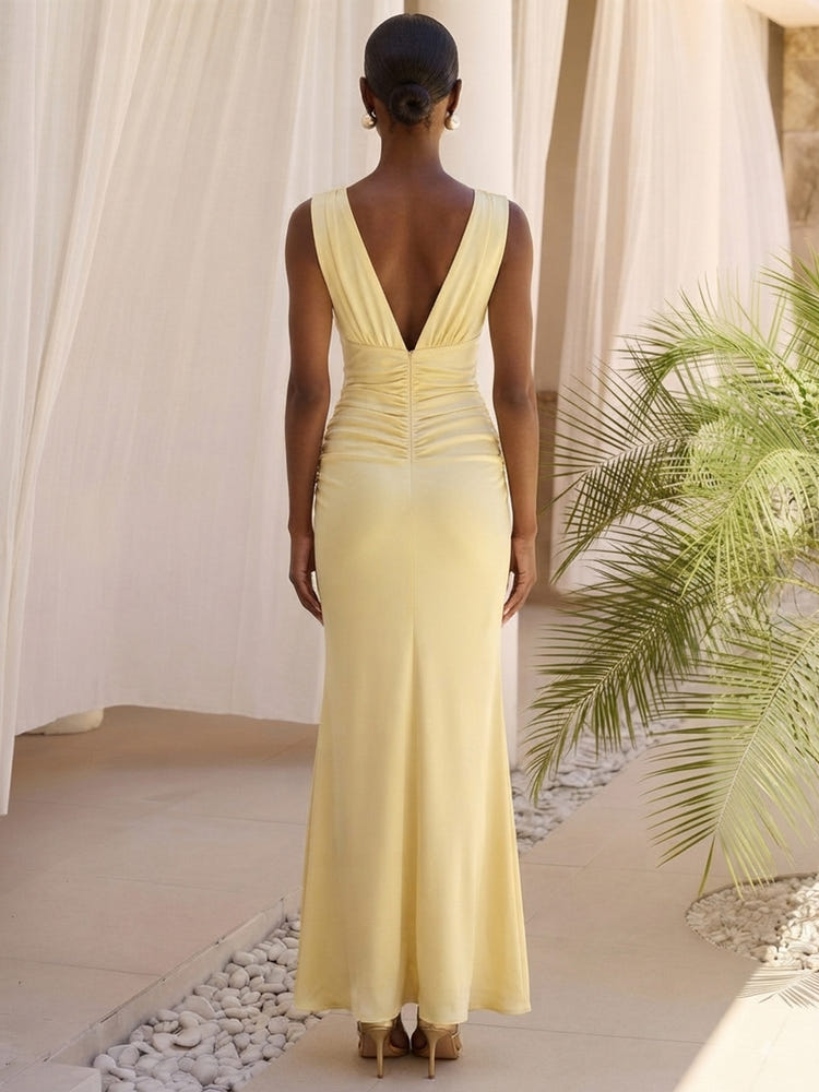 Satin Mermaid V Neck Formal Dresses with Layered Draped Ruching On Waist‑Hip