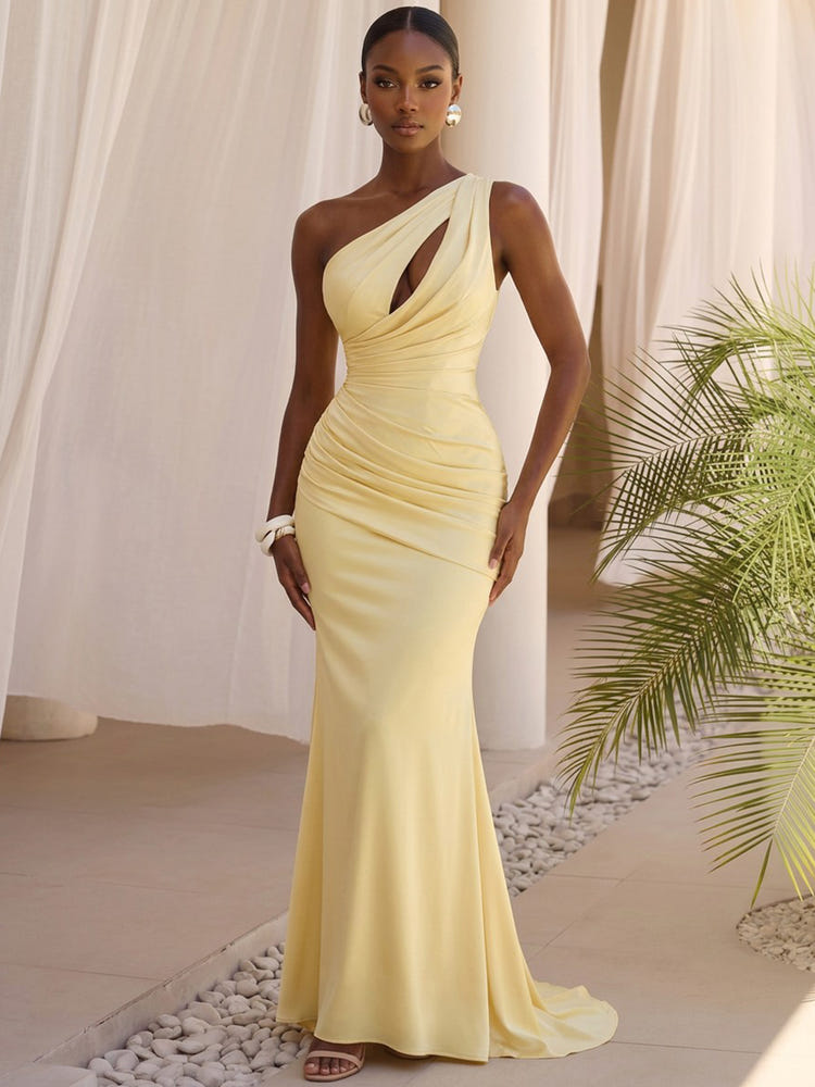 Satin Mermaid One Shoulder Formal Dresses with Layered Draped Ruching On Waist‑Hip