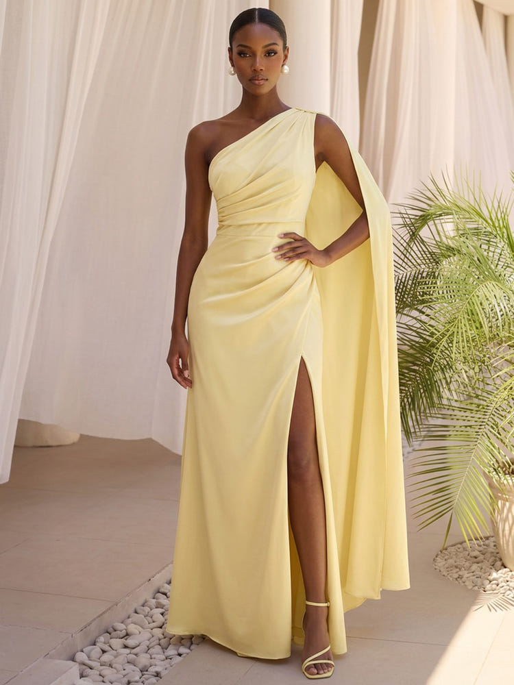Chiffon Sheath One Shoulder Formal Dresses with Sash