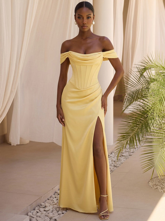 Satin Sheath Off Shoulder Formal Dresses with Corset Bodice