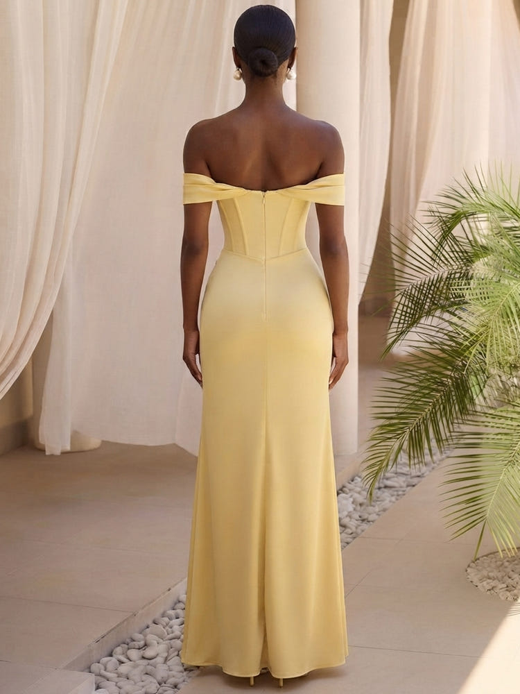 Satin Sheath Off Shoulder Formal Dresses with Corset Bodice