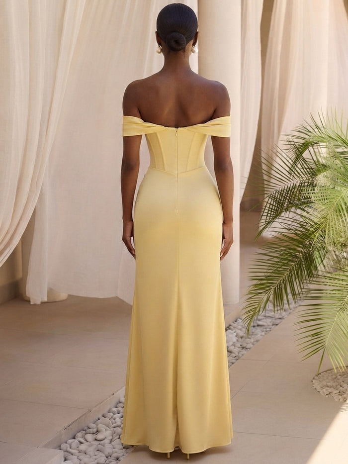 Satin Sheath Off Shoulder Formal Dresses with Corset Bodice