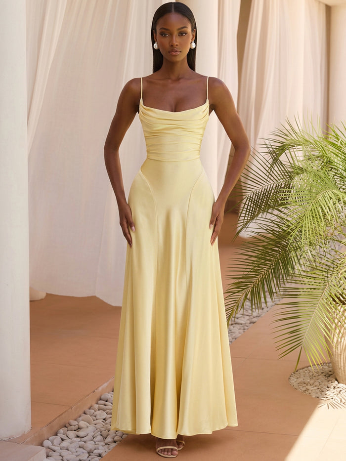 Satin A-Line Spaghetti Straps Formal Dresses with Pleated