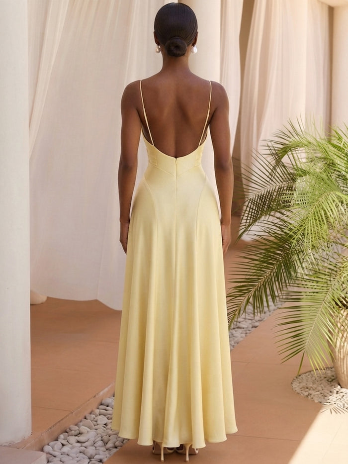 Satin A-Line Spaghetti Straps Formal Dresses with Pleated