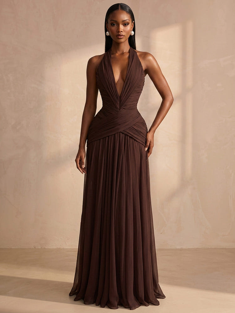 Chiffon A-Line Halter Formal Dresses with Deep V Neck
