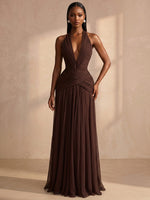 Chiffon A-Line Halter Formal Dresses with Deep V Neck