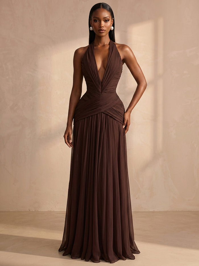 Chiffon A-Line Halter Formal Dresses with Deep V Neck