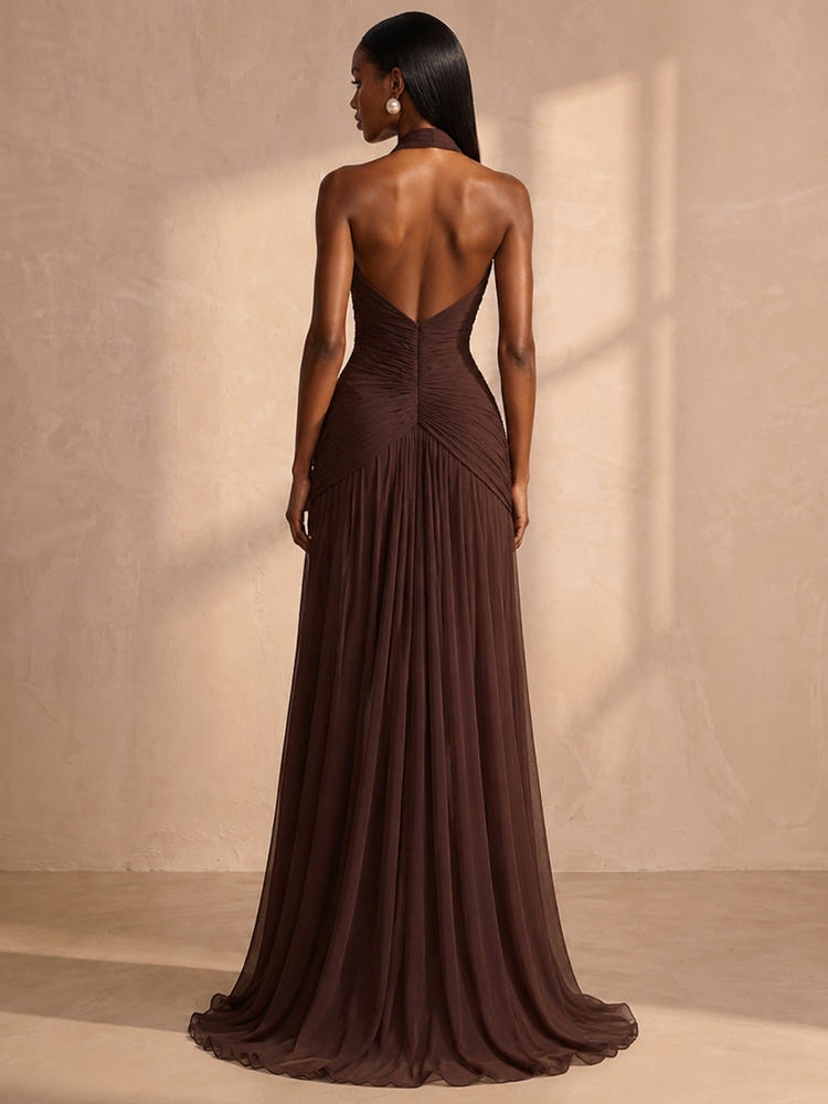 Chiffon A-Line Halter Formal Dresses with Deep V Neck