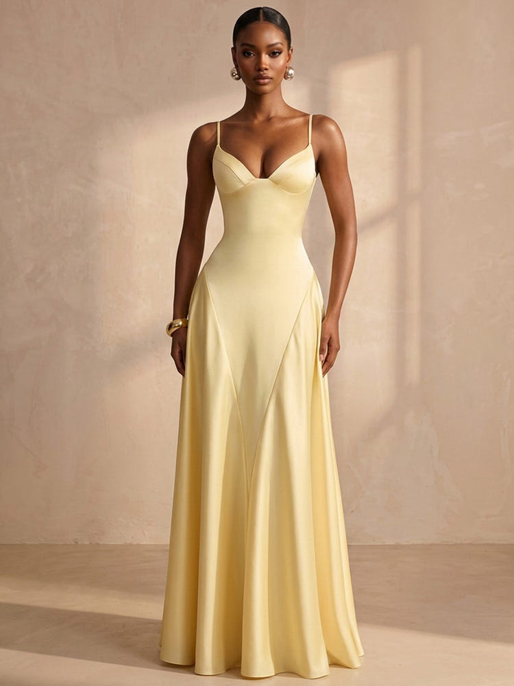 Satin A-Line Spaghetti Straps Formal Dresses with V‑Neck Bust Cup Bodice
