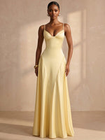 Satin A-Line Spaghetti Straps Formal Dresses with V‑Neck Bust Cup Bodice