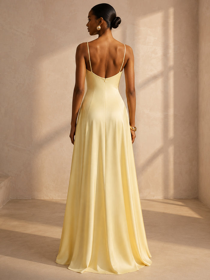 Satin A-Line Spaghetti Straps Formal Dresses with V‑Neck Bust Cup Bodice
