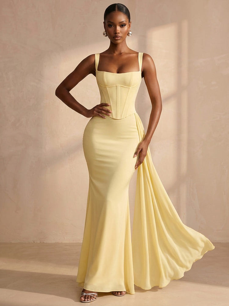 Chiffon Mermaid Square Neck Formal Dresses with Corset Bodice