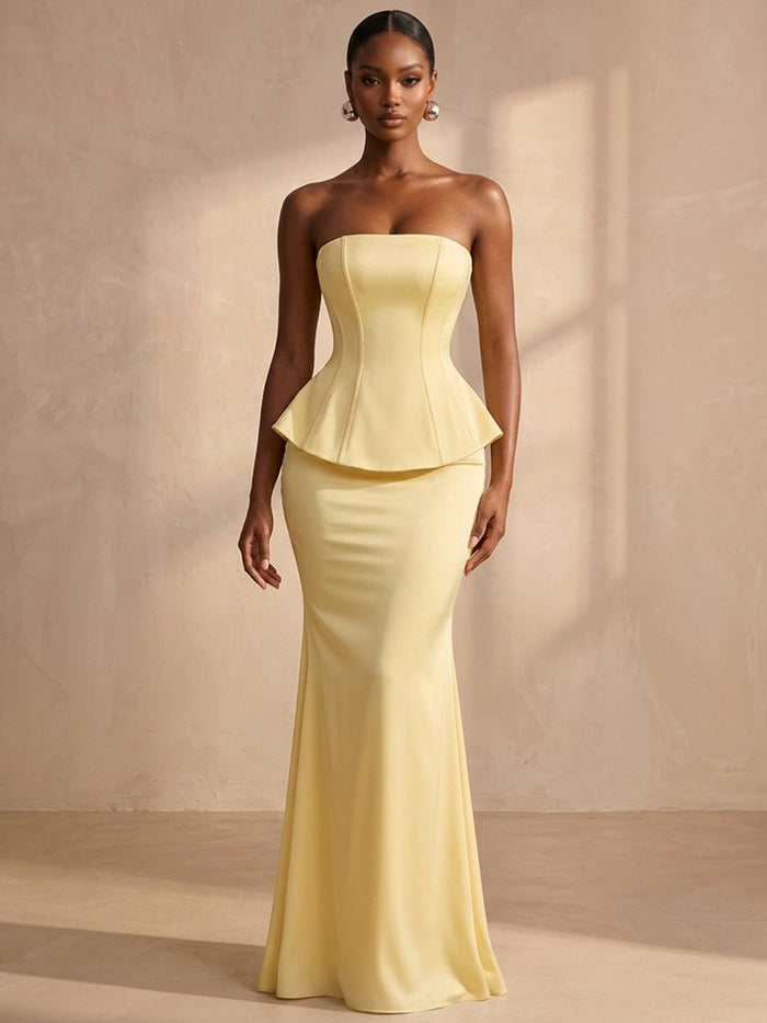 Satin Mermaid Strapless Formal Dresses with Fashion Built‑In Peplum Waist Overlay