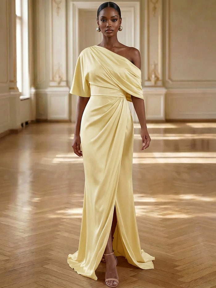 Satin Mermaid One Shoulder Formal Dresses with Side Slit