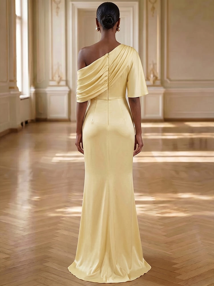 Satin Mermaid One Shoulder Formal Dresses with Side Slit