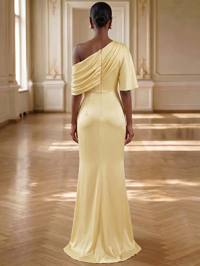 Satin Mermaid One Shoulder Formal Dresses with Side Slit