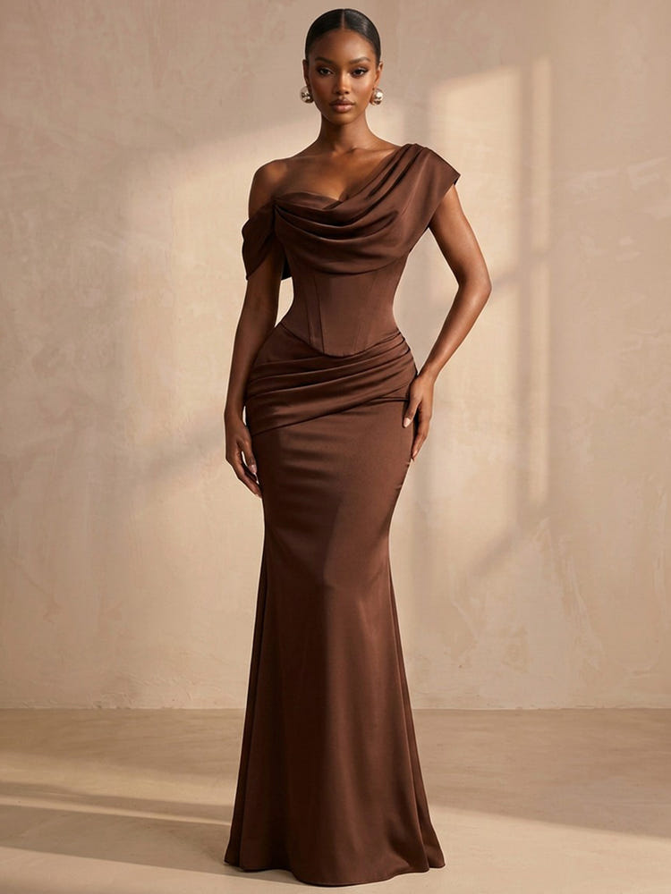 Satin Mermaid One Shoulder Formal Dresses with Side Waist Ruched Shaping Detail