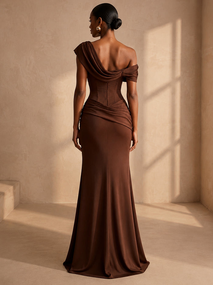 Satin Mermaid One Shoulder Formal Dresses with Side Waist Ruched Shaping Detail