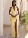Satin Mermaid Halter Formal Dresses with Deep V Neck