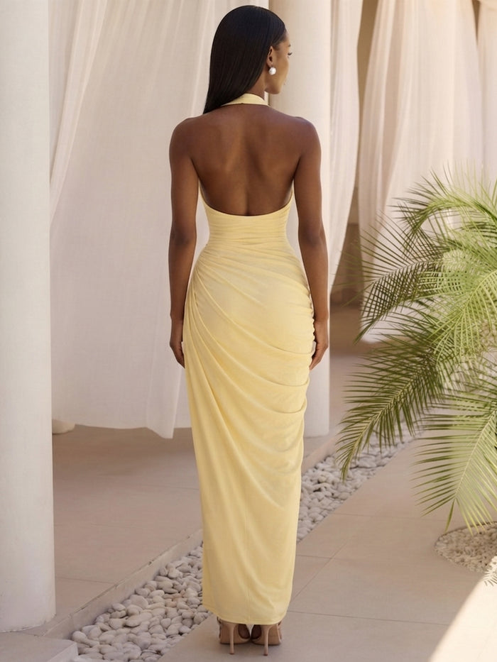 Satin Mermaid Halter Formal Dresses with Deep V Neck