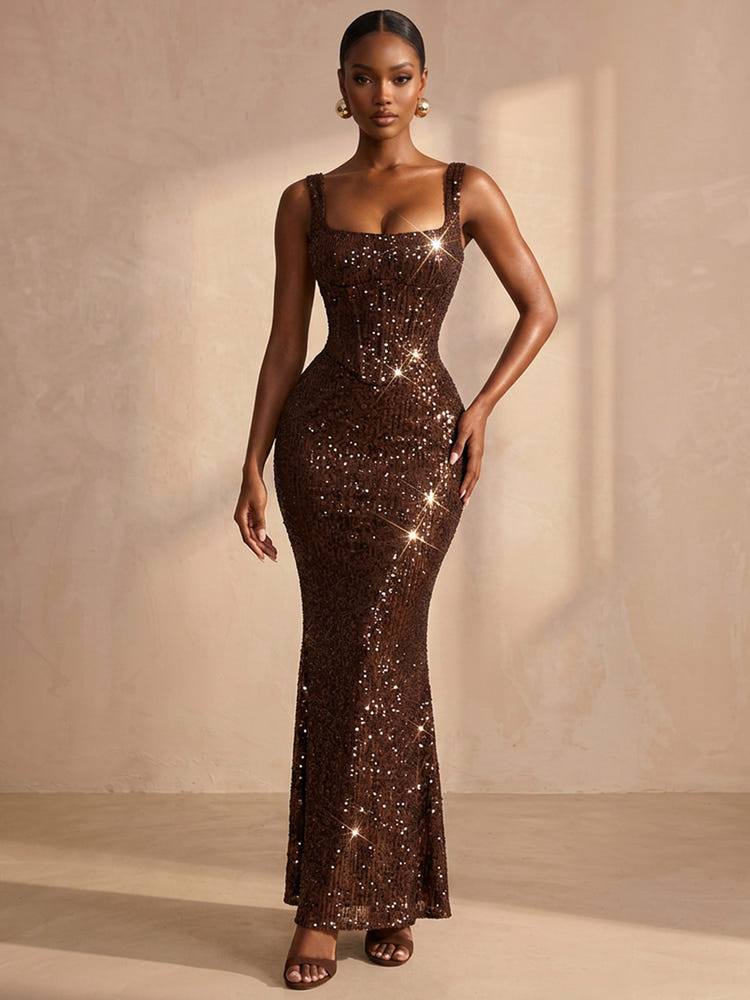 Sequin Mermaid Square Neck Formal Dresses with Corset Bodice