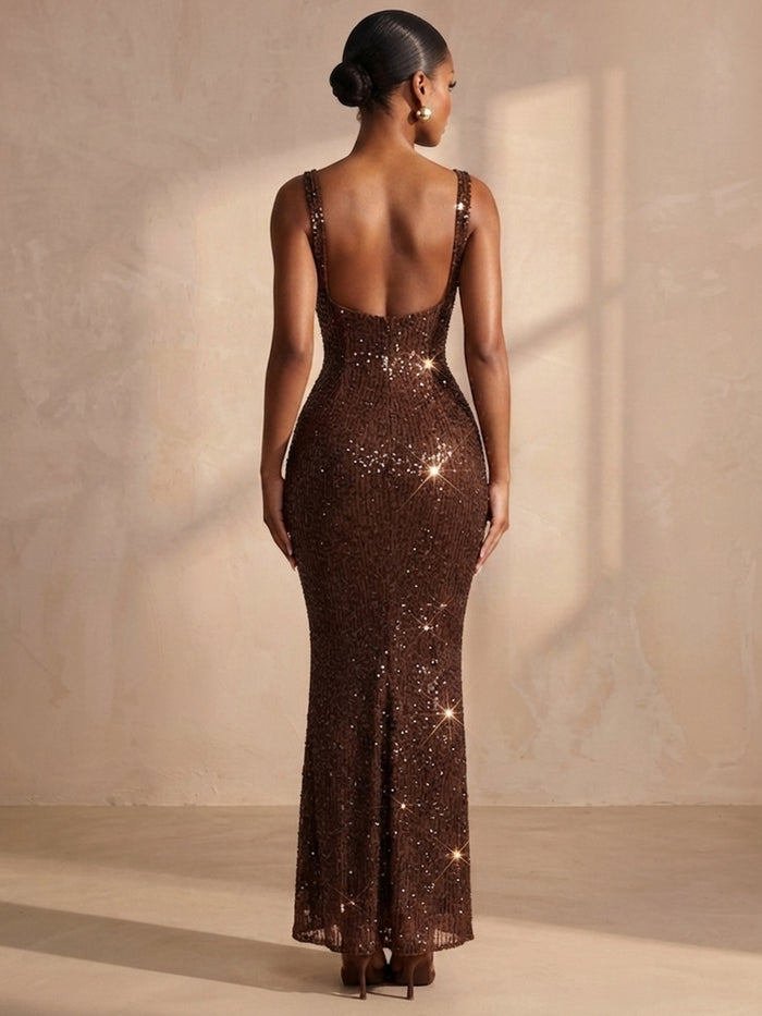 Sequin Mermaid Square Neck Formal Dresses with Corset Bodice