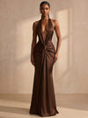 Satin Mermaid Halter Formal Dresses with Deep V Neck