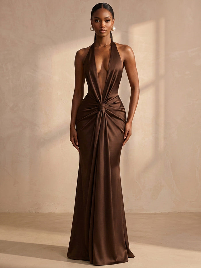 Satin Mermaid Halter Formal Dresses with Deep V Neck