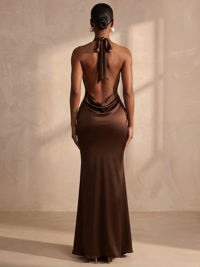 Satin Mermaid Halter Formal Dresses with Deep V Neck