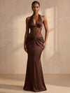 Satin Mermaid Halter Formal Dresses with Deep V Neck