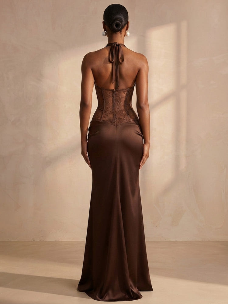 Satin Mermaid Halter Formal Dresses with Deep V Neck