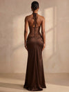 Satin Mermaid Halter Formal Dresses with Deep V Neck