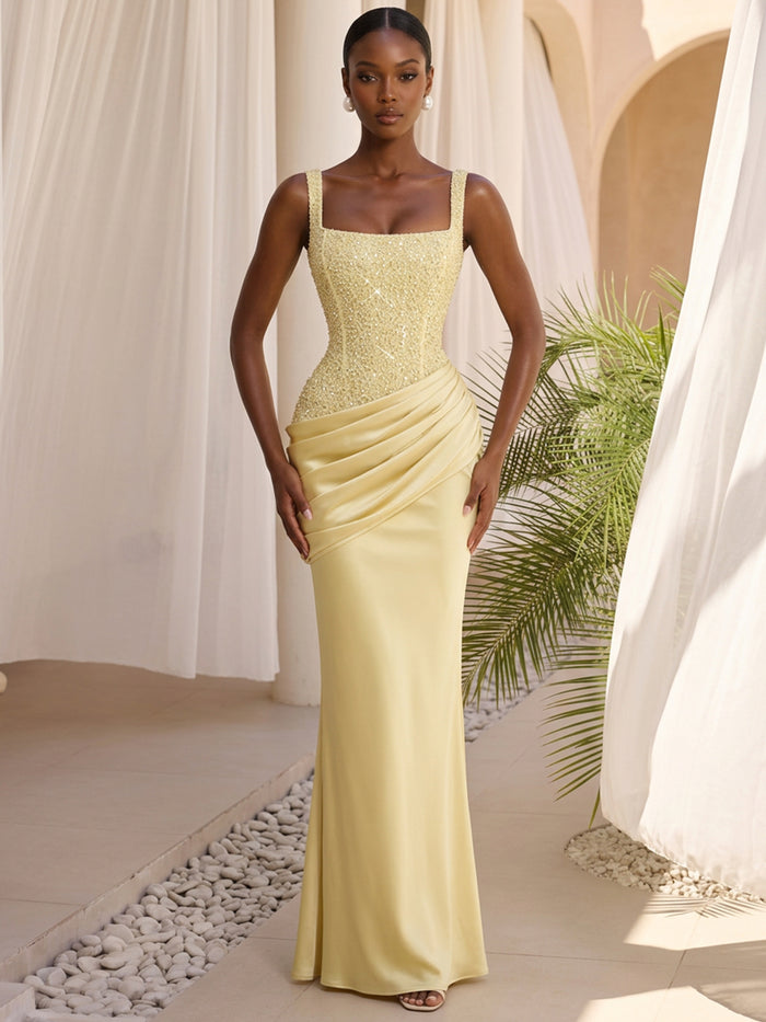 Satin Mermaid Square Neck Formal Dresses with Sequin Corset Bodice