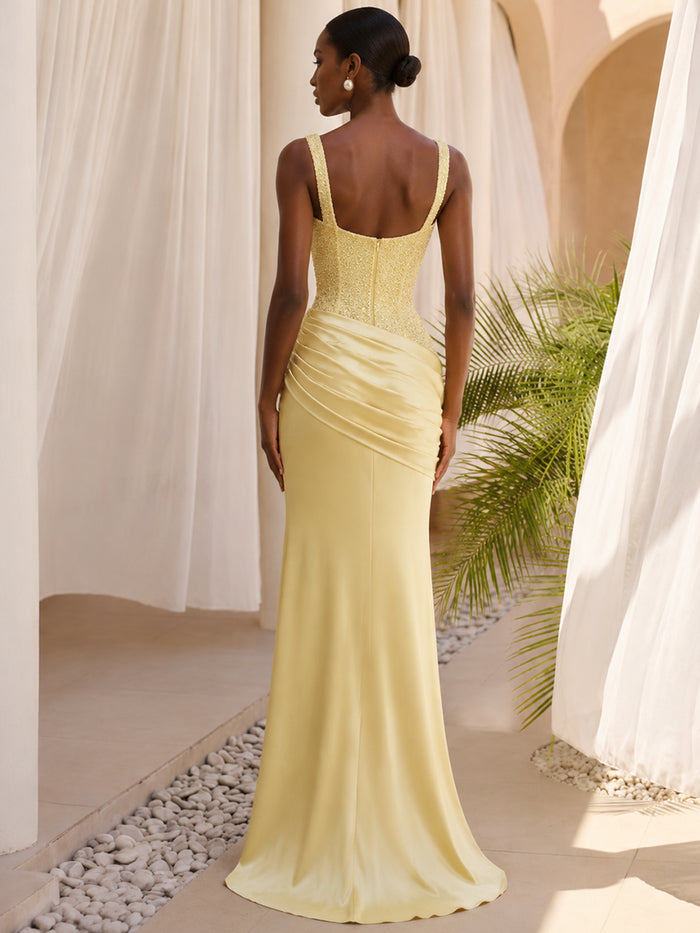 Satin Mermaid Square Neck Formal Dresses with Sequin Corset Bodice