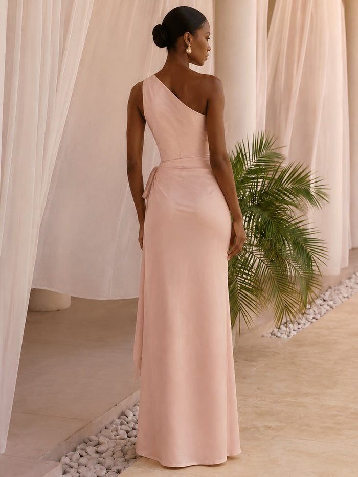 Satin Mermaid One Shoulder Formal Dresses with Side Slit