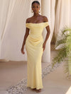 Satin Mermaid Off Shoulder Formal Dresses with Flattering Draped Wrap At Hip