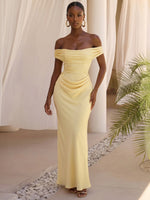Satin Mermaid Off Shoulder Formal Dresses with Flattering Draped Wrap At Hip