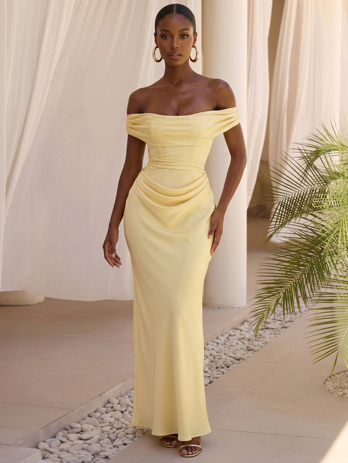 Satin Mermaid Off Shoulder Formal Dresses with Flattering Draped Wrap At Hip