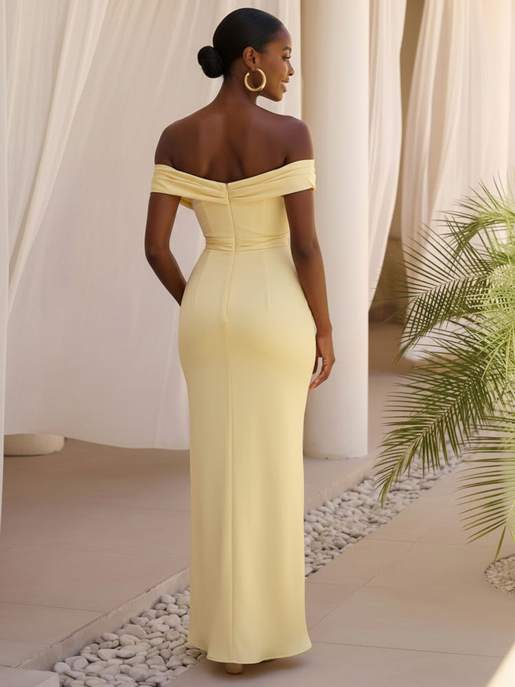 Satin Mermaid Off Shoulder Formal Dresses with Flattering Draped Wrap At Hip