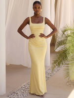 Satin Mermaid Square Neck Formal Dresses with Side Waist Ruched Shaping Detail