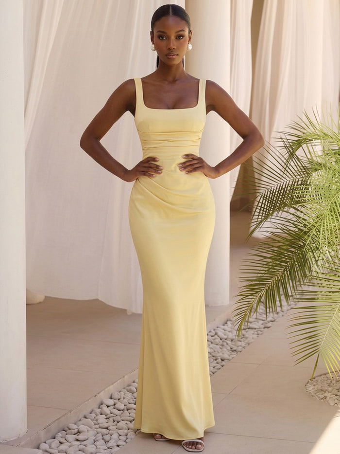Satin Mermaid Square Neck Formal Dresses with Side Waist Ruched Shaping Detail