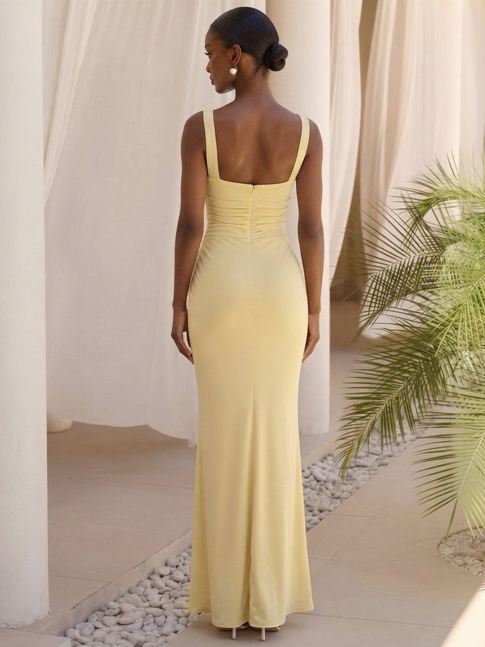 Satin Mermaid Square Neck Formal Dresses with Side Waist Ruched Shaping Detail