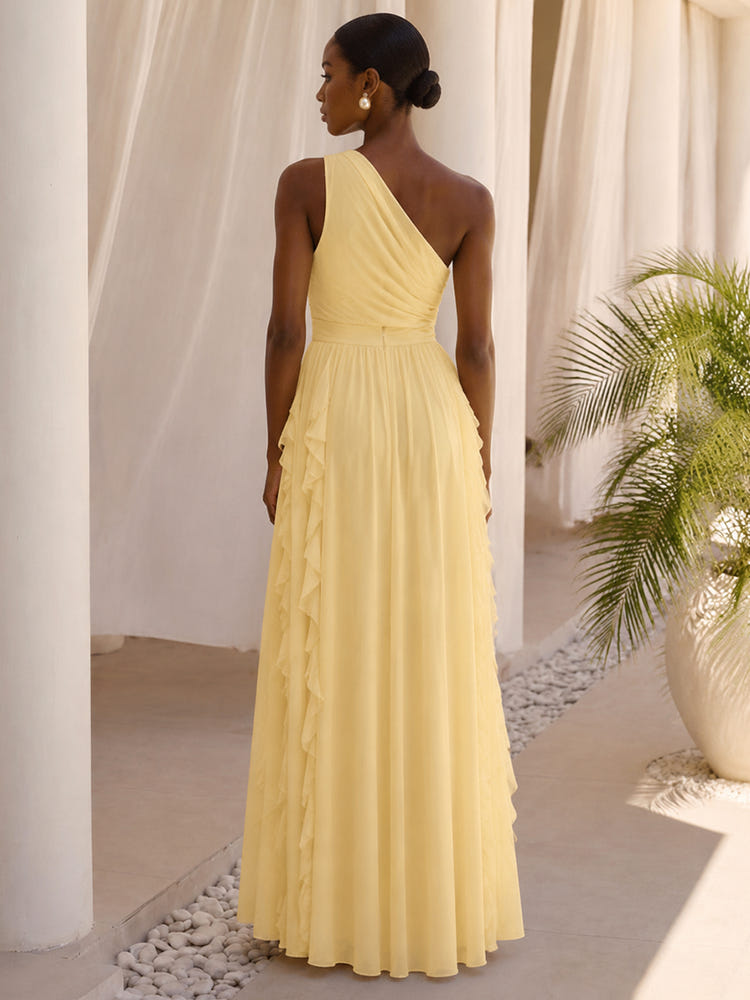 Chiffon A-Line One Shoulder Formal Dresses with Cascading Vertical Ruffles